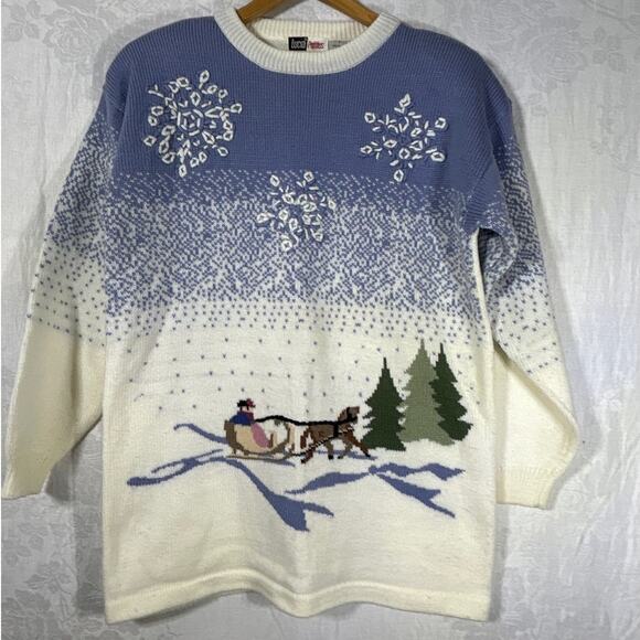 Vintage Sweater Large Blue Cream 3D Snowflakes Sleigh Trees Long Lucia Petites - Picture 1 of 14